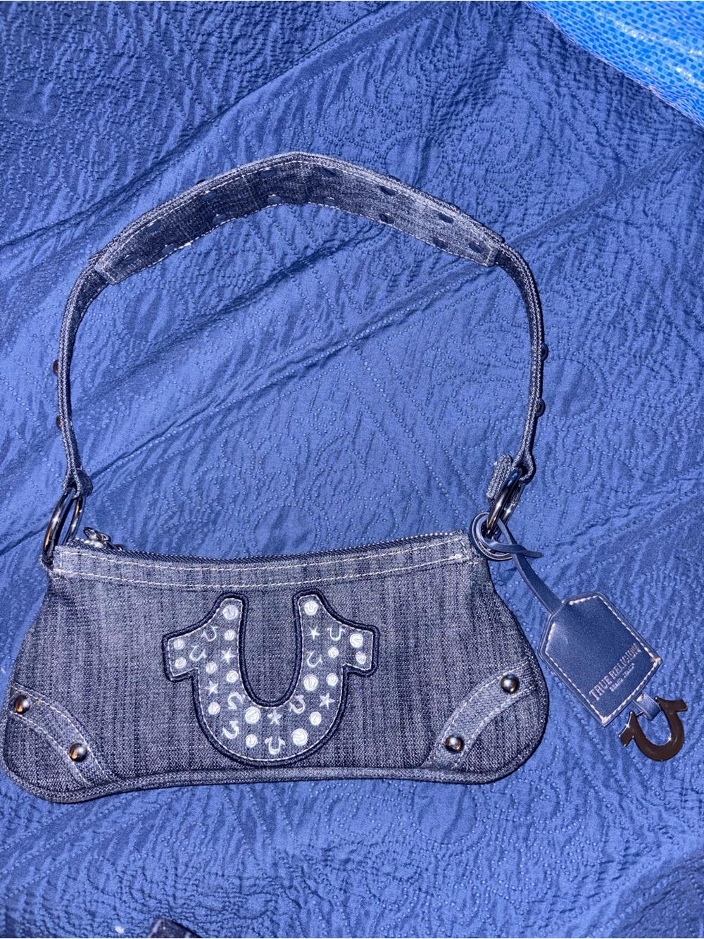 True Religion Dark Blue Denim Mini Shoulder Bag with Horseshoe Patch